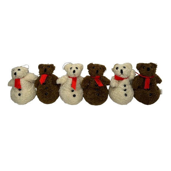 Set of 6 Plush Stuffed Teddy Bear Christmas Tree Ornaments 5" Brown Ivory - Picture 1 of 6